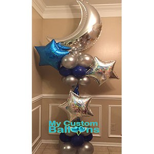 5ft Crescent Moon Blue Roman Pillar Swirl Center 3 Balloon Delivery
