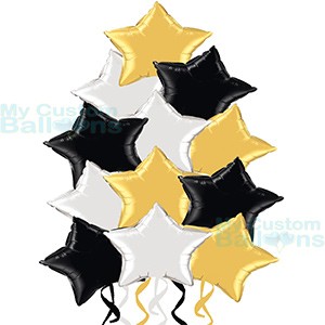 Dozen Elegant Silver Black and Gold Star Foil Balloons Bouquet Balloon Delivery
