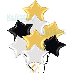 Foil Stars Balloons Bouquet With 8 Stars Silver Gold and Black Balloon Delivery